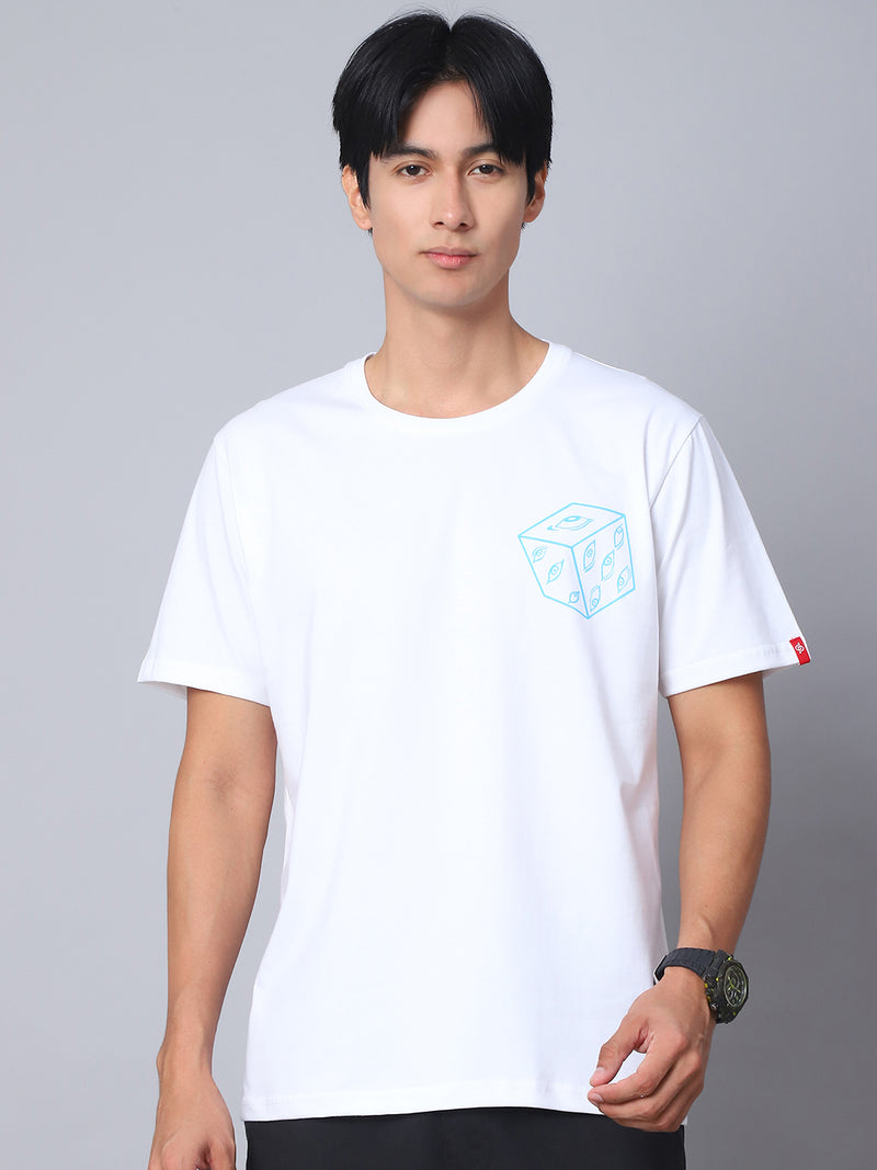 White Round Neck T-Shirt with Gojo Saturo Design