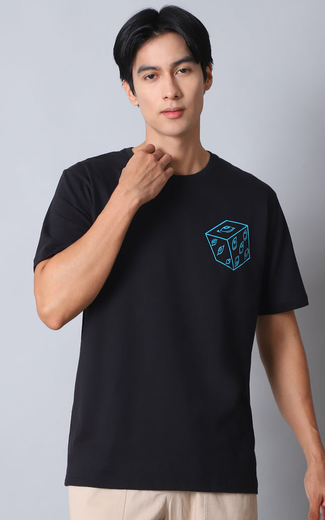 Black Round Neck T-Shirt with Gojo Saturo Design