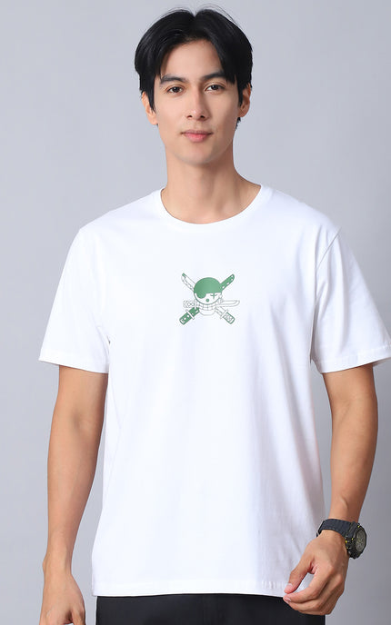 White Round Neck T-Shirt with Swordsmaster Design