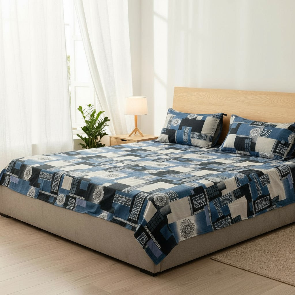 Blue Geometric Premium Bedsheets - King Size Patchwork Fitted Sheet - Prisello