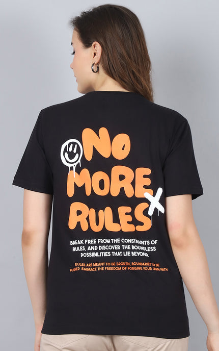 Black Round Neck T-Shirt with No More Rules Design