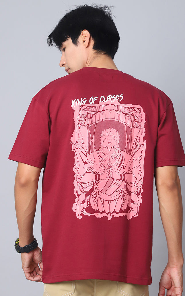 Burgundy Oversized T-Shirt with King of Curses Anime Design