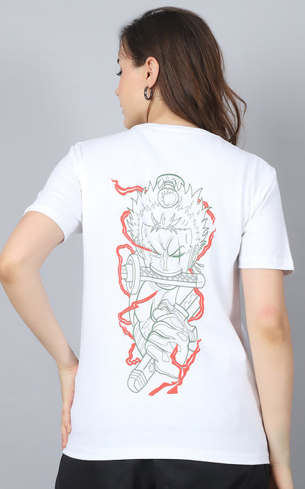 White Round Neck T-Shirt with Swordsmaster Design