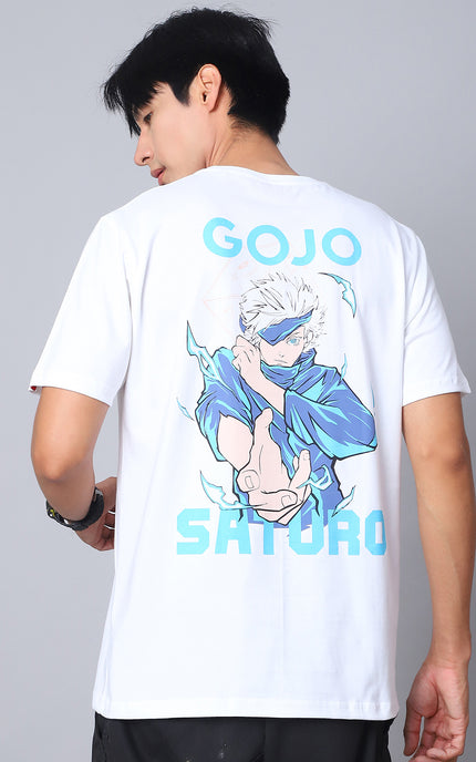 White Round Neck T-Shirt with Gojo Saturo Design