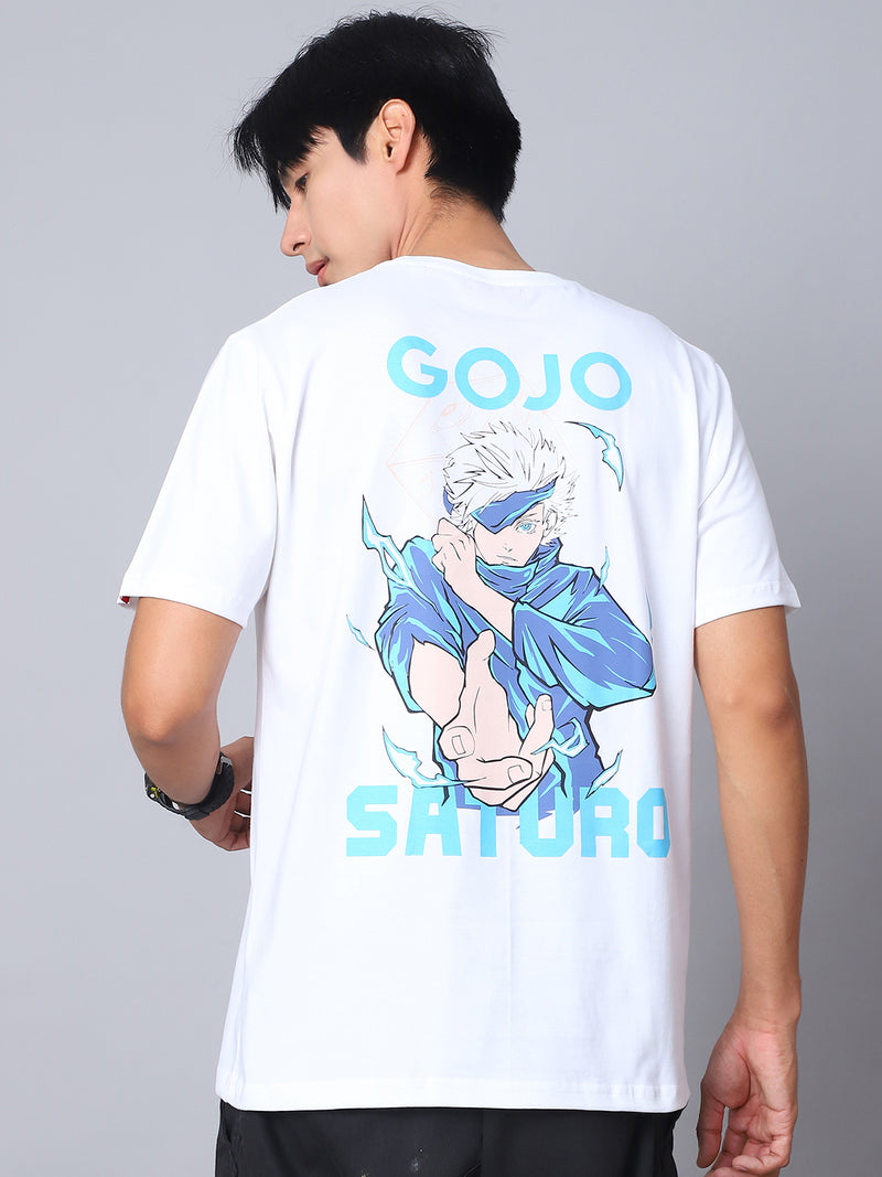 White Round Neck T-Shirt with Gojo Saturo Design