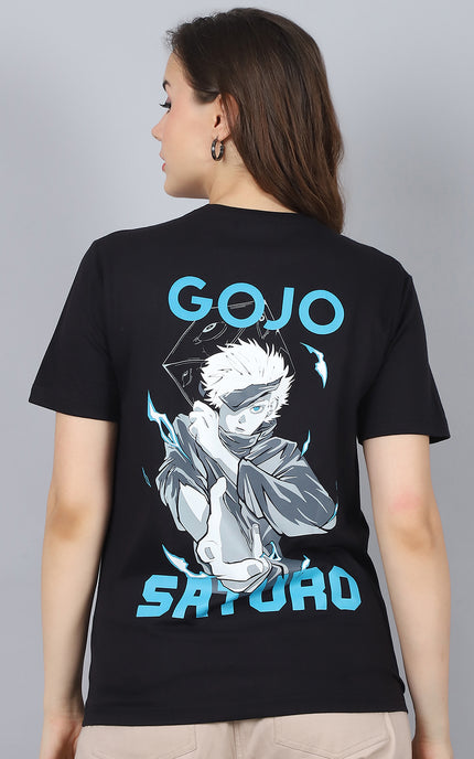 Black Round Neck T-Shirt with Gojo Saturo Design