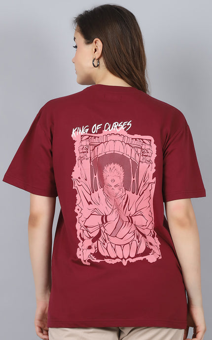 Burgundy Oversized T-Shirt with King of Curses Anime Design