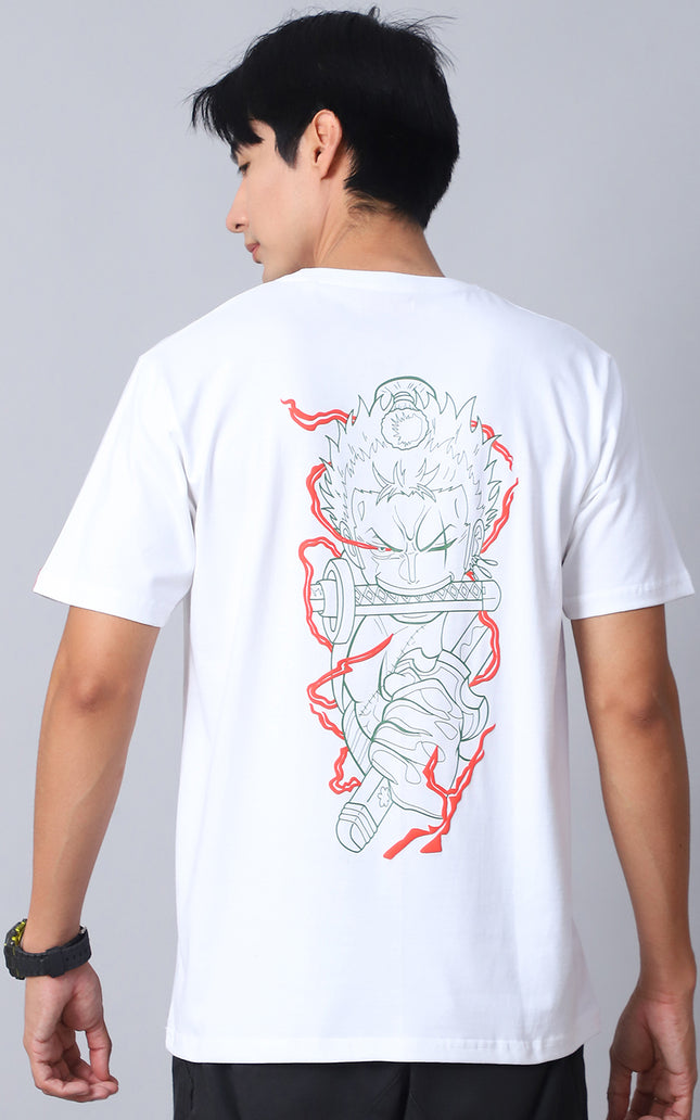 White Round Neck T-Shirt with Swordsmaster Design