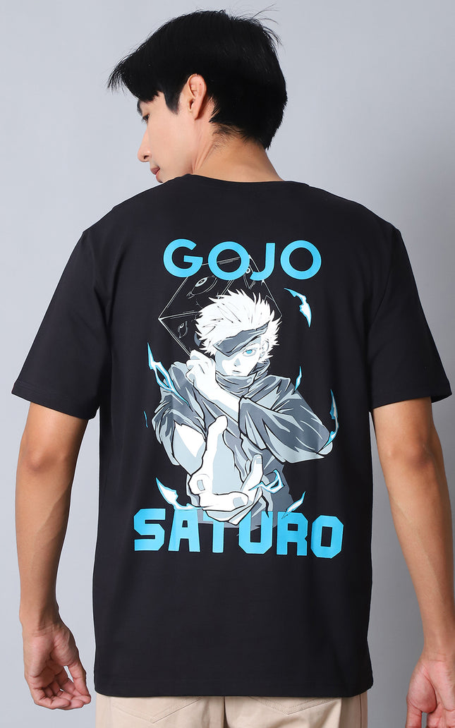 Black Round Neck T-Shirt with Gojo Saturo Design