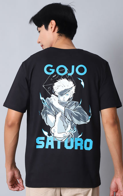 Black Round Neck T-Shirt with Gojo Saturo Design