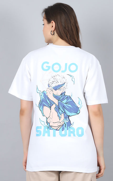 White Oversized T-Shirt with Gojo Saturo Design