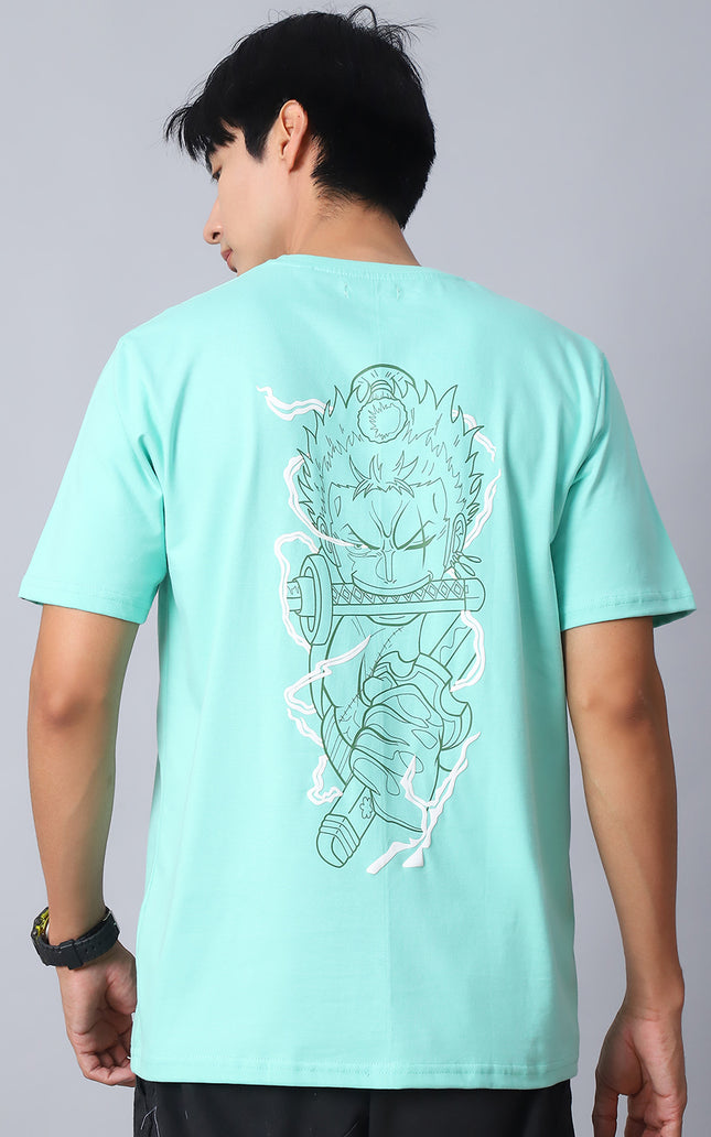 Mint Green Round Neck T-Shirt with Swordsmaster Design