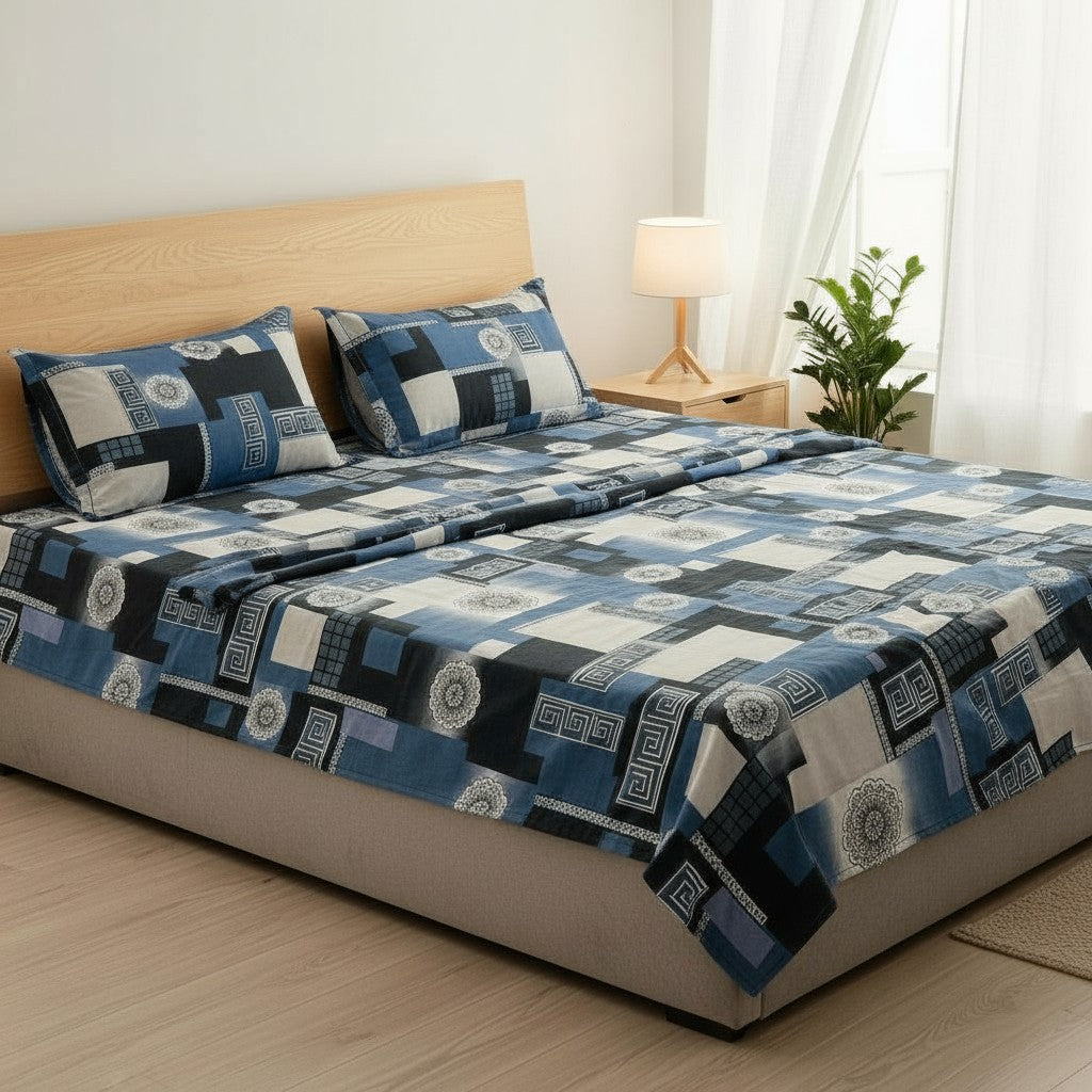 Blue Geometric Premium Bedsheets - King Size Patchwork Fitted Sheet - Prisello