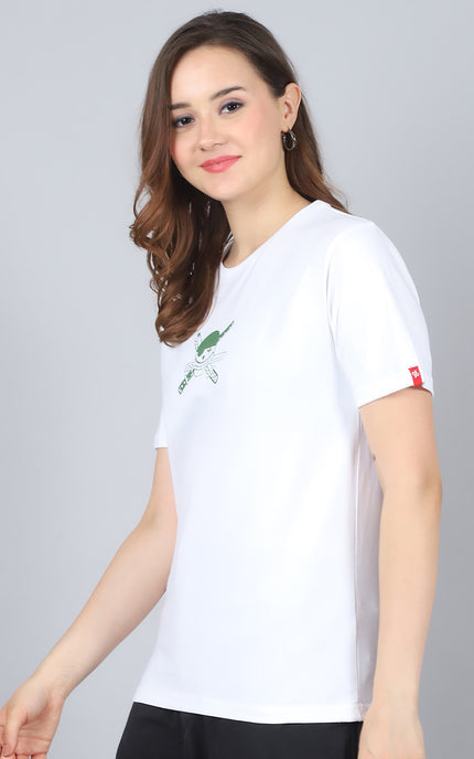 White Round Neck T-Shirt with Swordsmaster Design