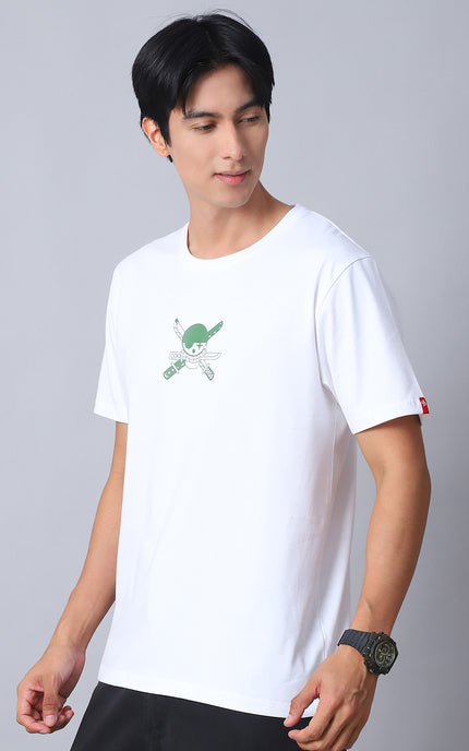 White Round Neck T-Shirt with Swordsmaster Design