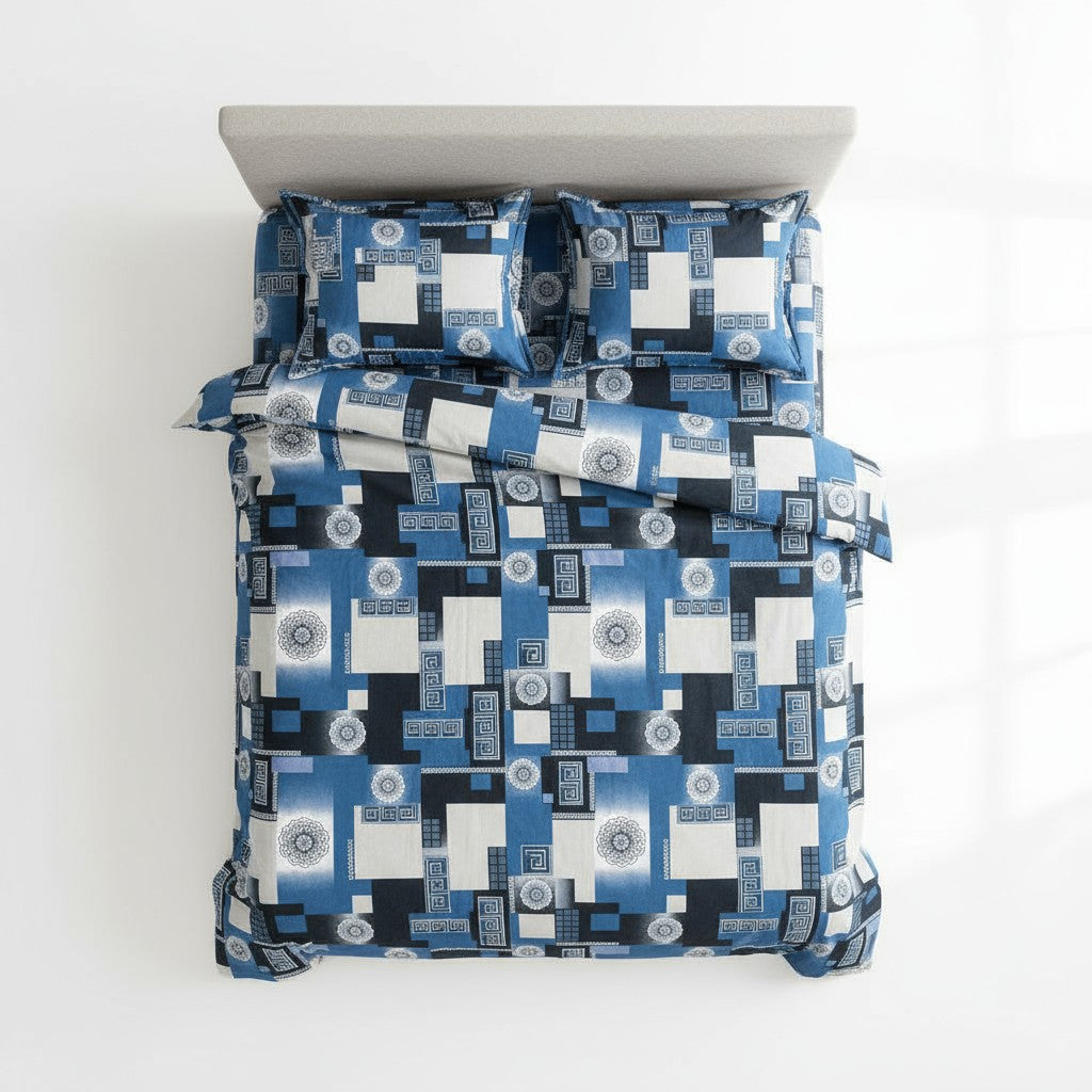 Blue Geometric Premium Bedsheets - King Size Patchwork Fitted Sheet - Prisello