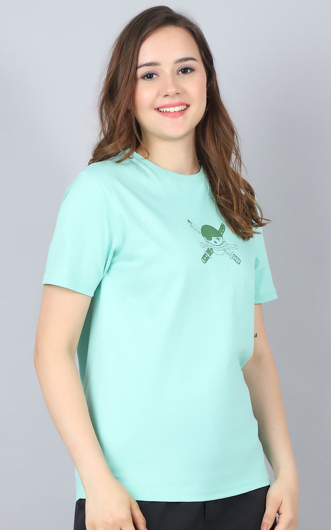 Mint Green Round Neck T-Shirt with Swordsmaster Design