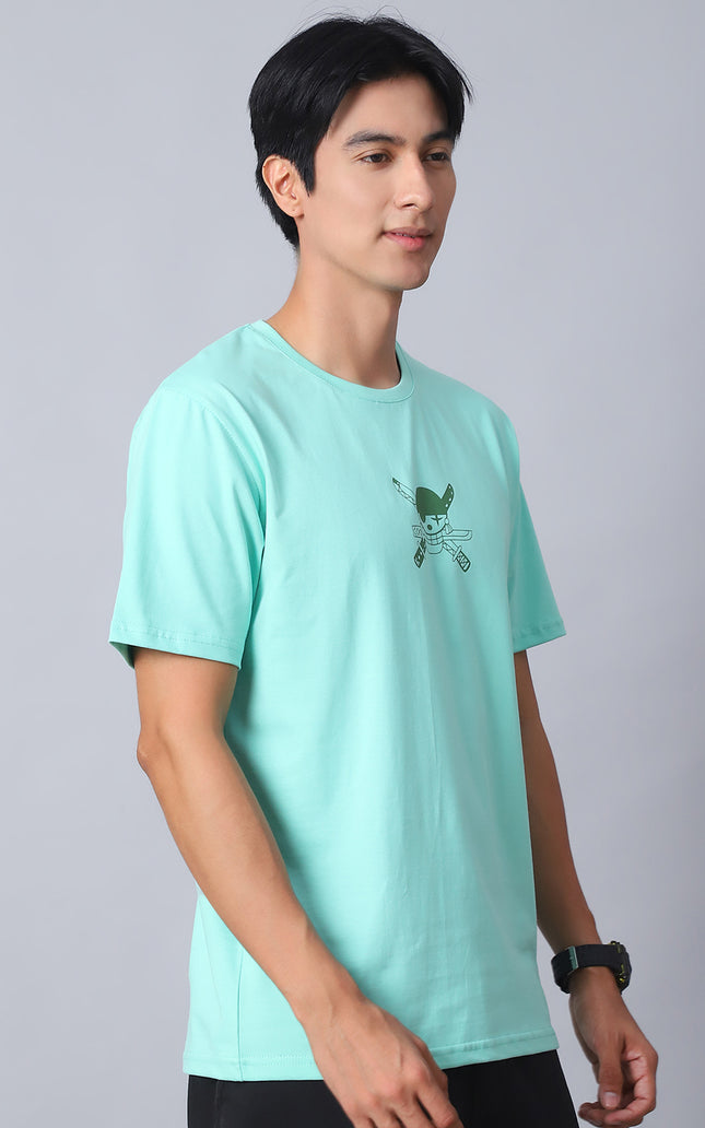 Mint Green Round Neck T-Shirt with Swordsmaster Design