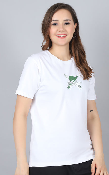 White Round Neck T-Shirt with Swordsmaster Design