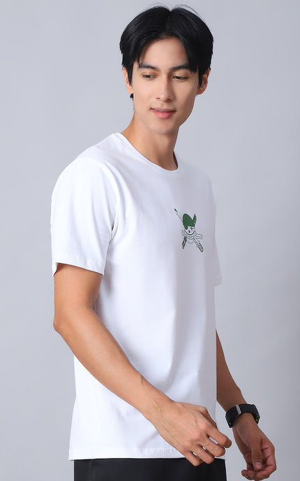 White Round Neck T-Shirt with Swordsmaster Design