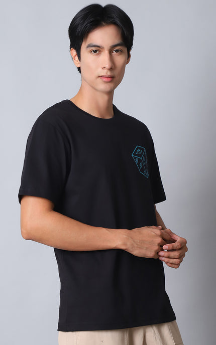 Black Round Neck T-Shirt with Gojo Saturo Design