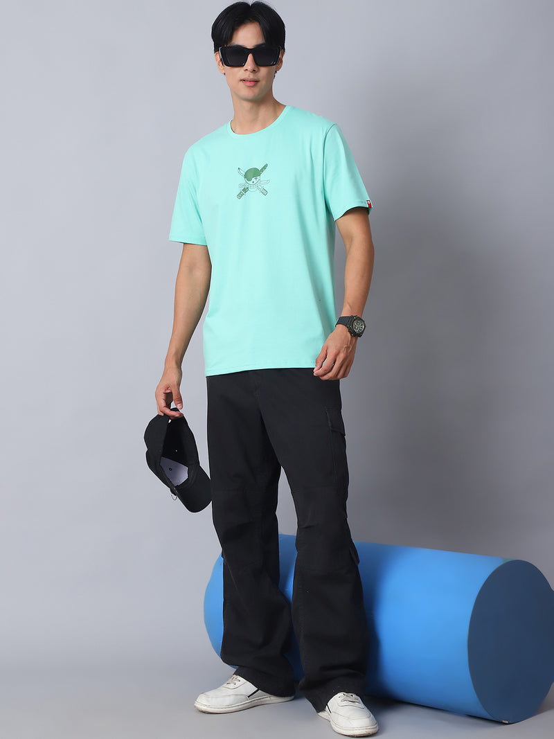 Mint Green Round Neck T-Shirt with Swordsmaster Design