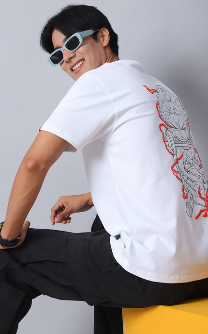 White Round Neck T-Shirt with Swordsmaster Design