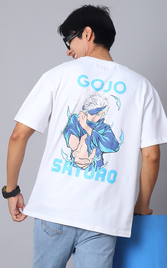 White Oversized T-Shirt with Gojo Saturo Design