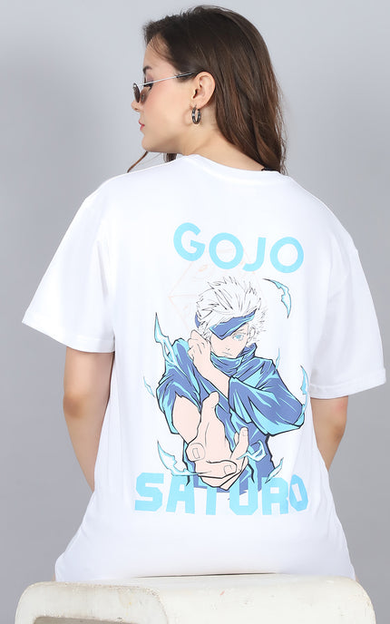 White Oversized T-Shirt with Gojo Saturo Design