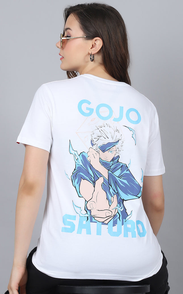 White Round Neck T-Shirt with Gojo Saturo Design