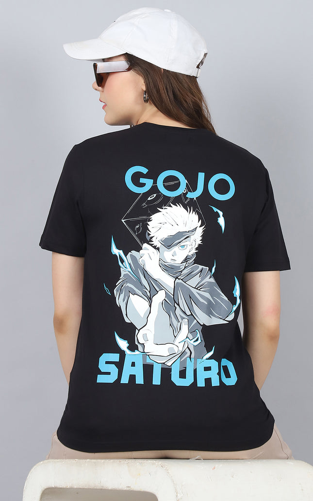 Black Round Neck T-Shirt with Gojo Saturo Design