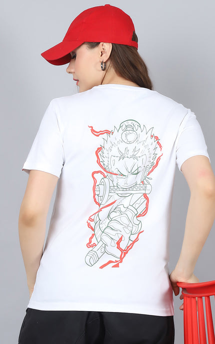 White Round Neck T-Shirt with Swordsmaster Design