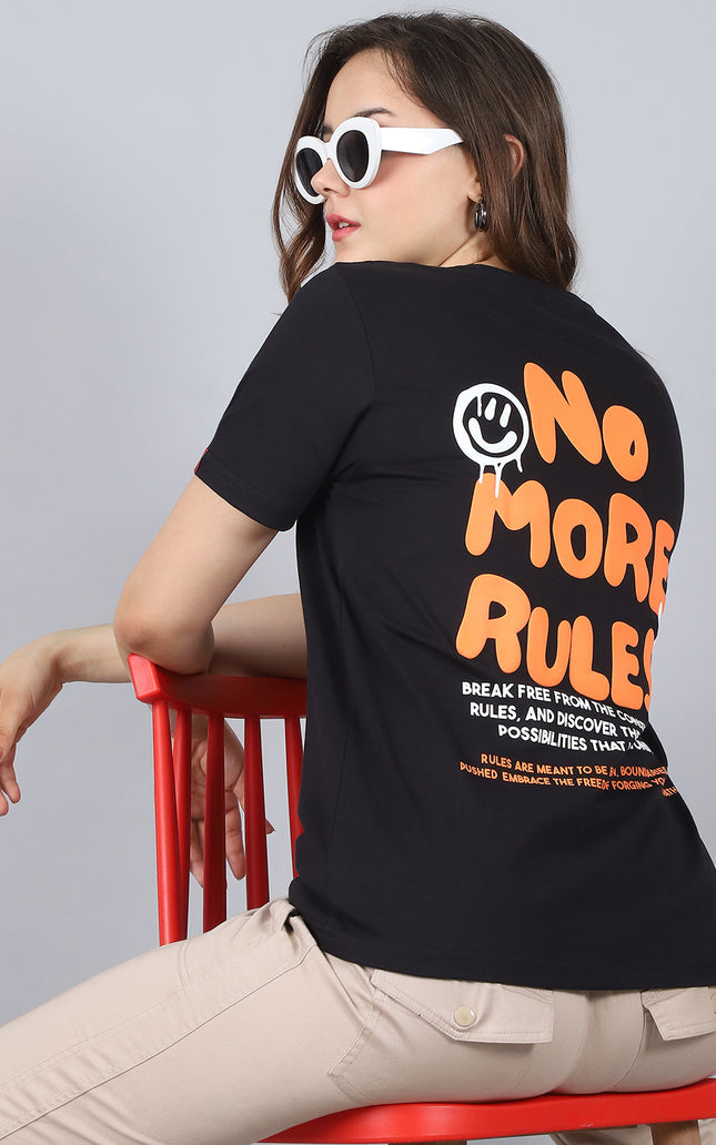 Black Round Neck T-Shirt with No More Rules Design