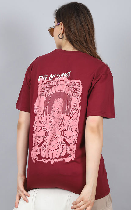 Burgundy Oversized T-Shirt with King of Curses Anime Design