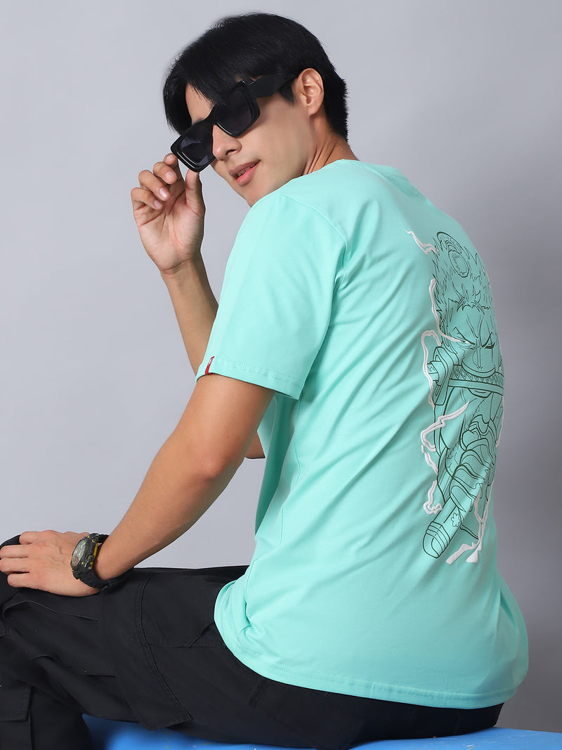 Mint Green Round Neck T-Shirt with Swordsmaster Design