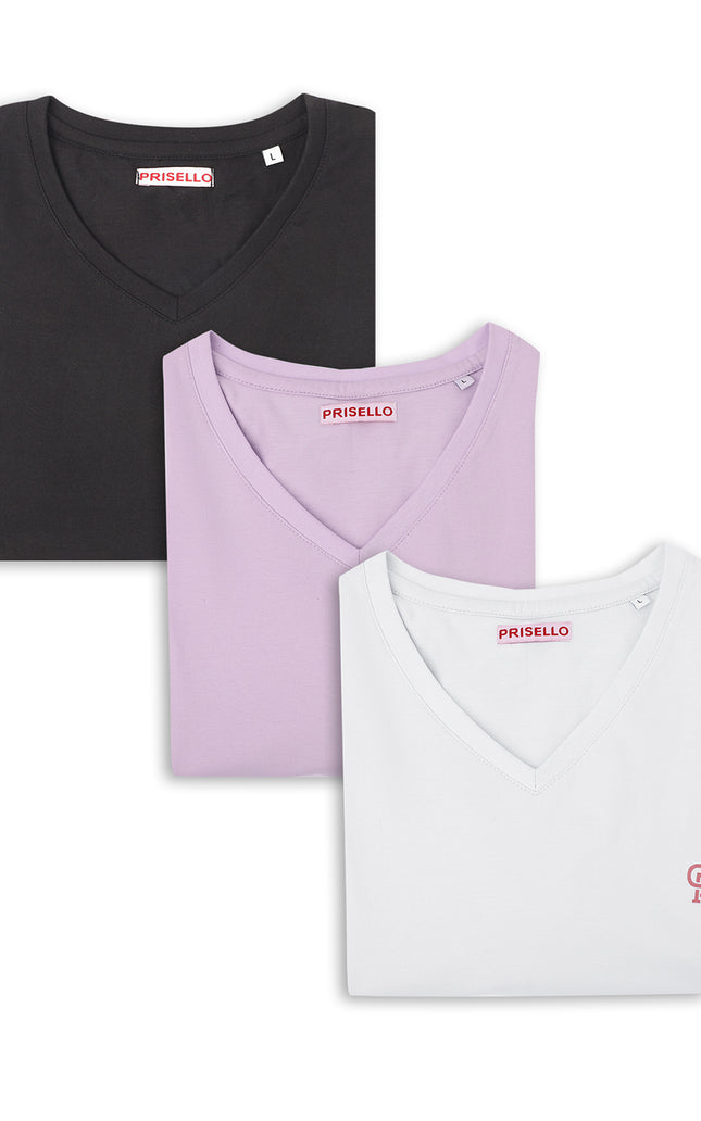 Pack of 3 Black, White And Lavender Cotton Regular Fit V-Neck Half Sleeves T-Shirt For Men