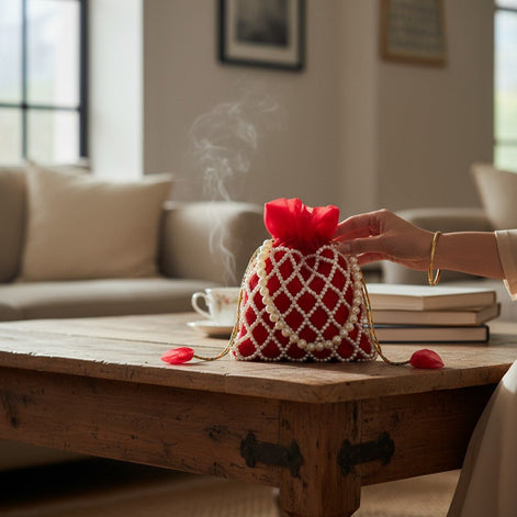 Crimson Charm Pearl Potli Bag – Handmade Maroon Designer Handbag for Women - Prisello