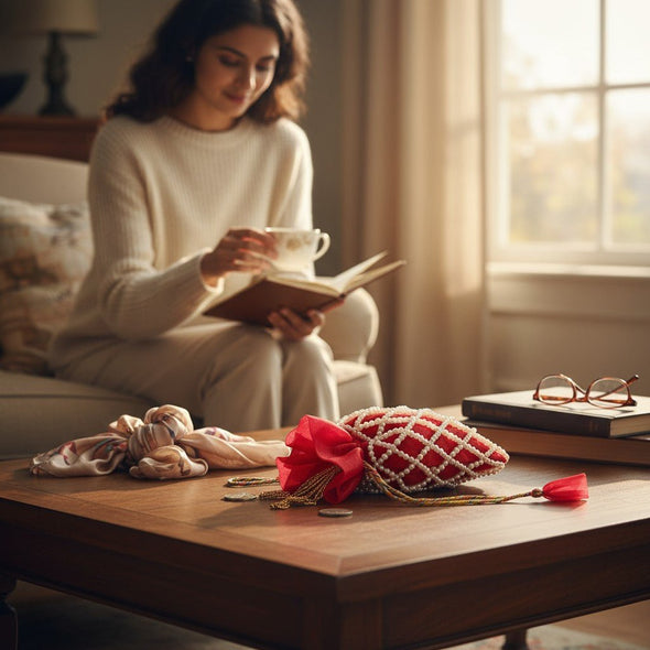 Crimson Charm Pearl Potli Bag – Handmade Maroon Designer Handbag for Women - Prisello