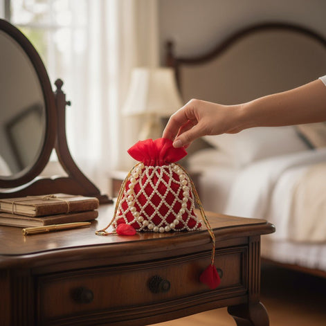 Crimson Charm Pearl Potli Bag – Handmade Maroon Designer Handbag for Women - Prisello