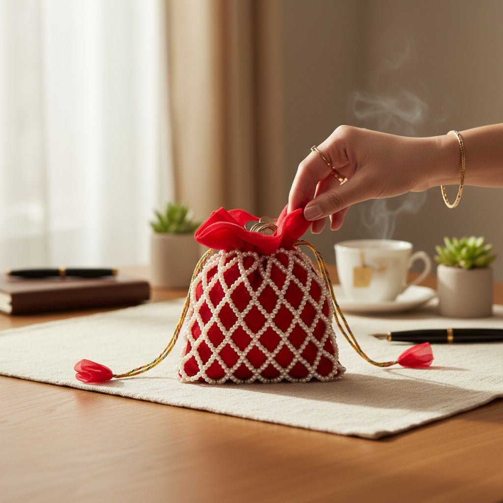 Crimson Charm Pearl Potli Bag – Handmade Maroon Designer Handbag for Women - Prisello