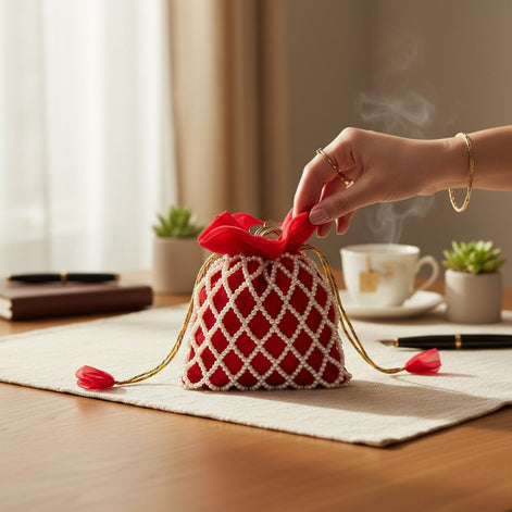 Crimson Charm Pearl Potli Bag – Handmade Maroon Designer Handbag for Women - Prisello