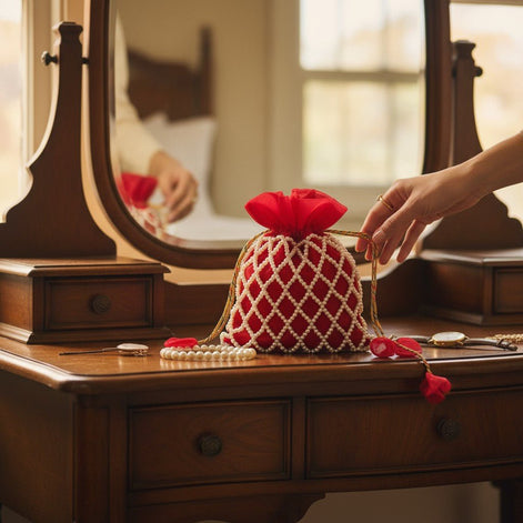 Crimson Charm Pearl Potli Bag – Handmade Maroon Designer Handbag for Women - Prisello