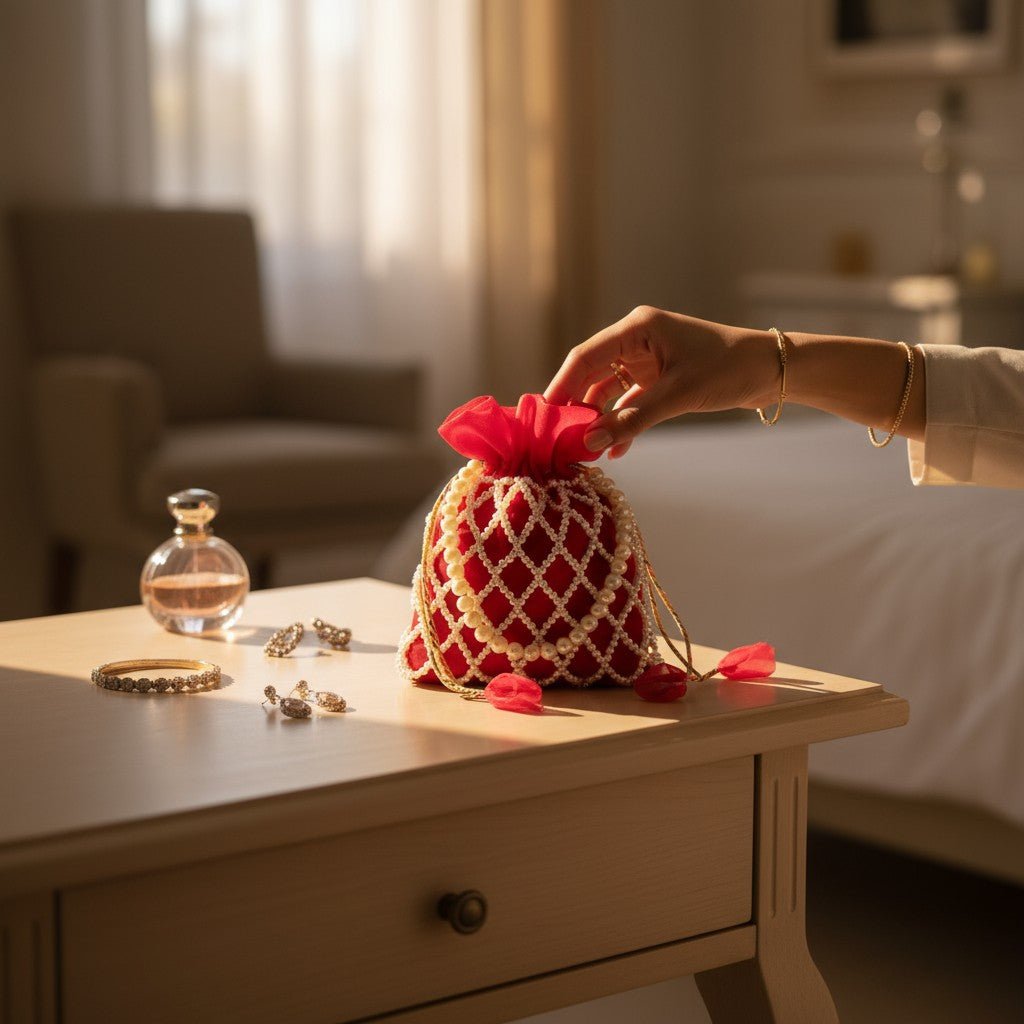 Crimson Charm Pearl Potli Bag – Handmade Maroon Designer Handbag for Women - Prisello