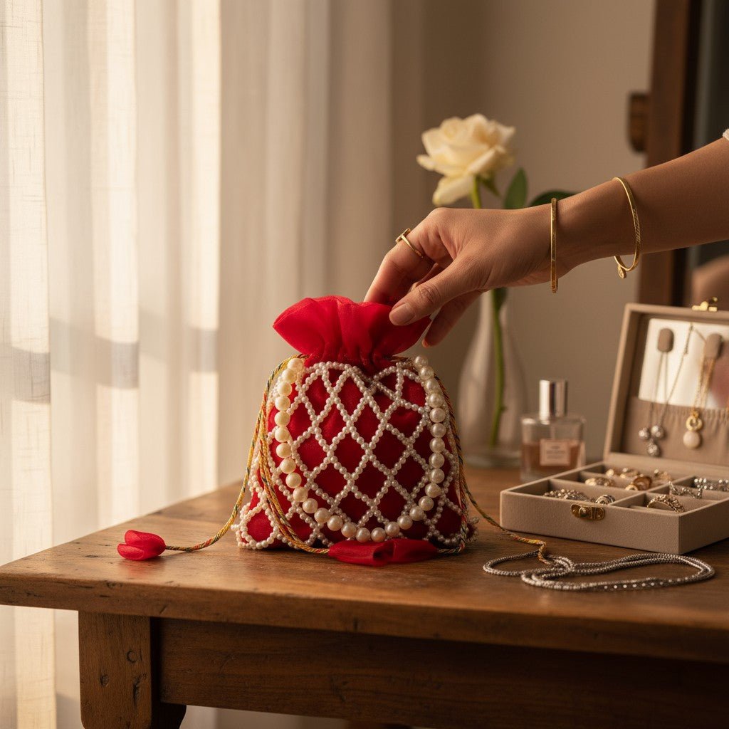 Crimson Charm Pearl Potli Bag – Handmade Maroon Designer Handbag for Women - Prisello