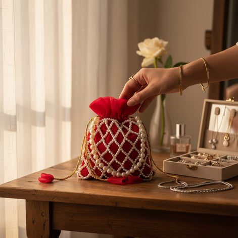 Crimson Charm Pearl Potli Bag – Handmade Maroon Designer Handbag for Women - Prisello