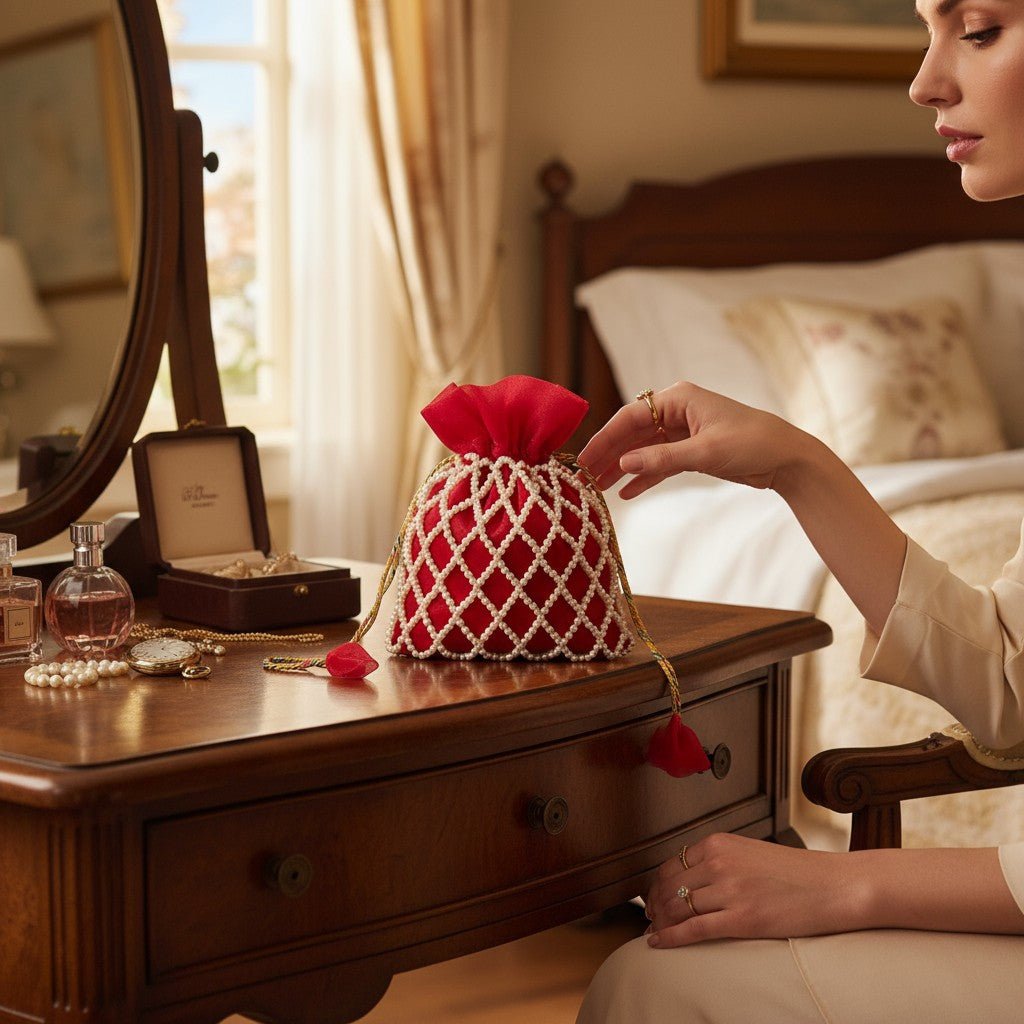 Crimson Charm Pearl Potli Bag – Handmade Maroon Designer Handbag for Women - Prisello