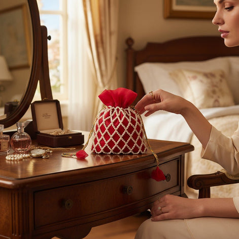 Crimson Charm Pearl Potli Bag – Handmade Maroon Designer Handbag for Women - Prisello