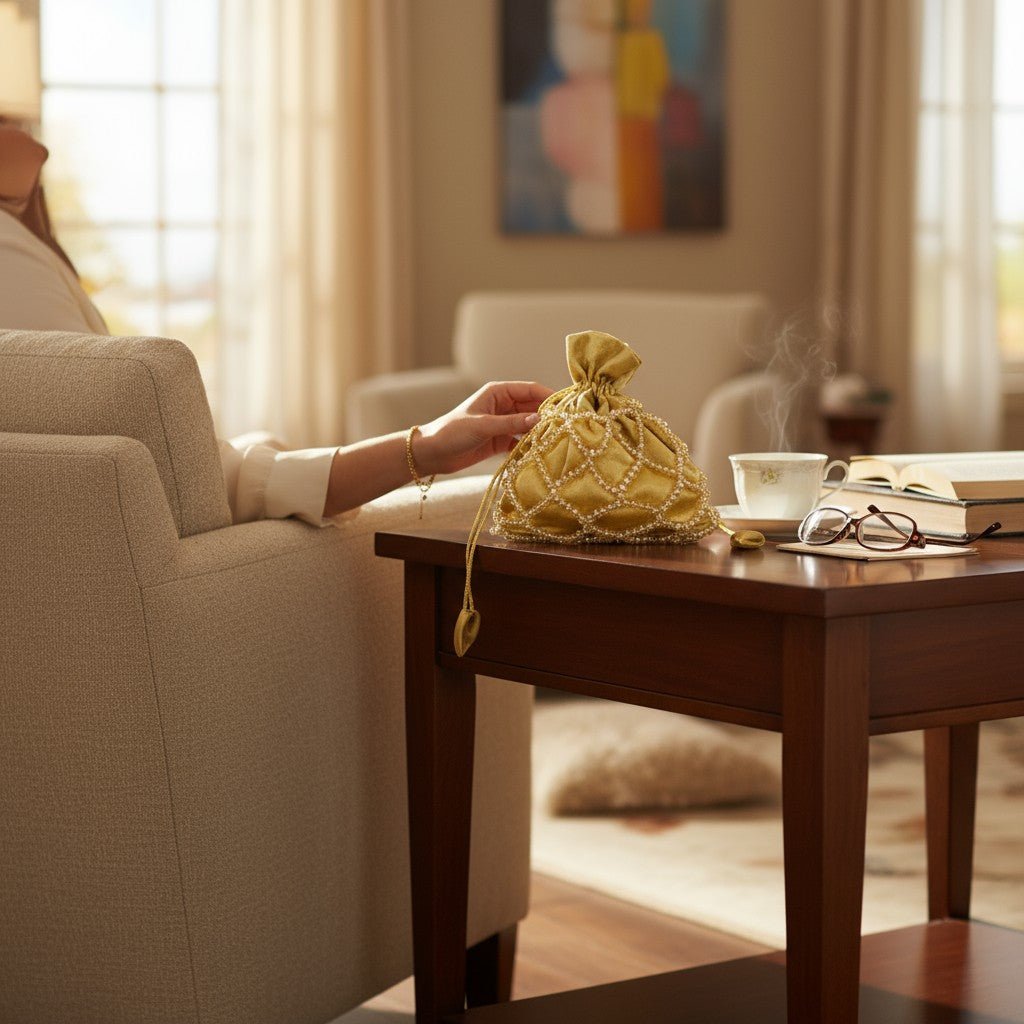 Golden Glow Crystal Potli Bag – Handcrafted Velvet Potli for Women - Prisello