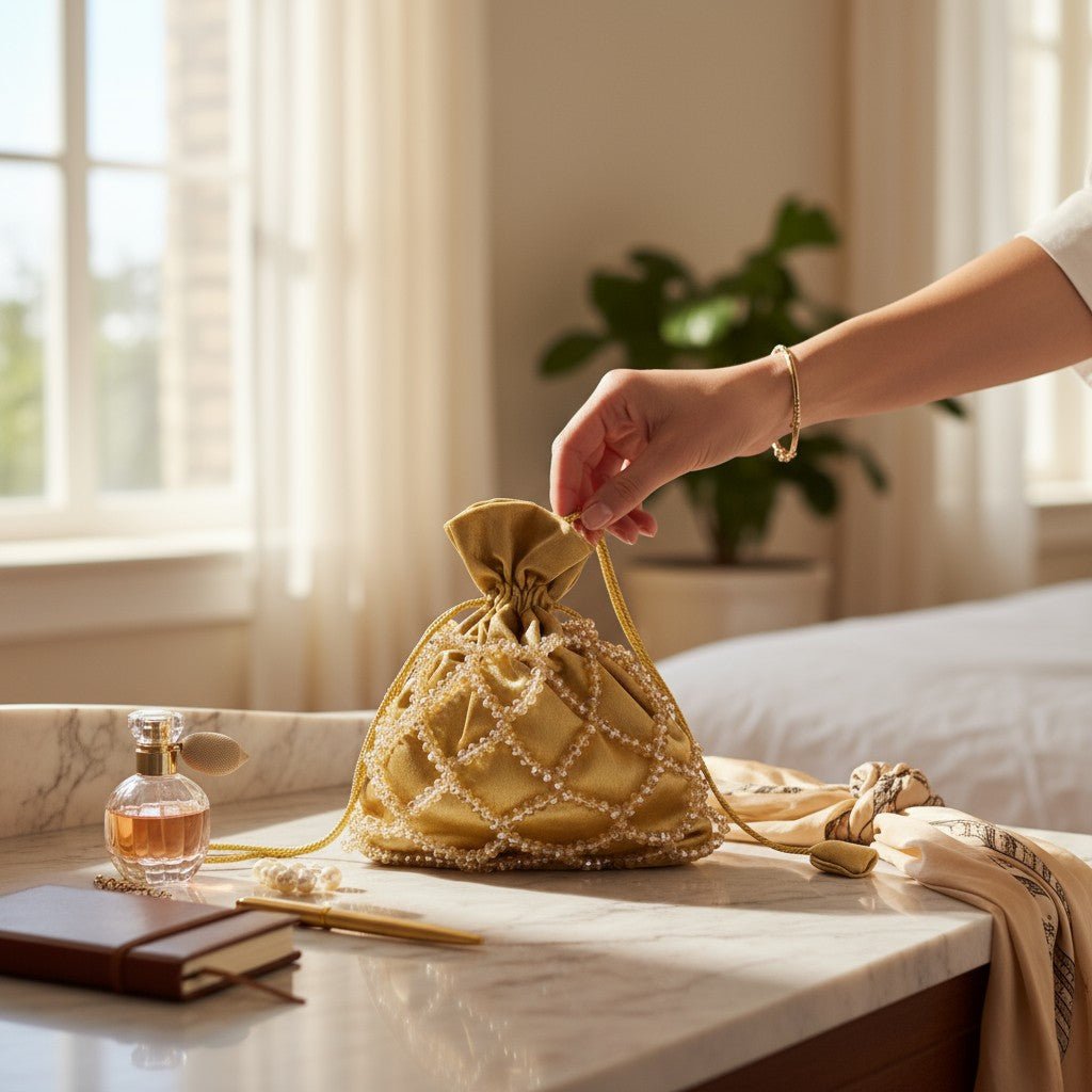 Golden Glow Crystal Potli Bag – Handcrafted Velvet Potli for Women - Prisello