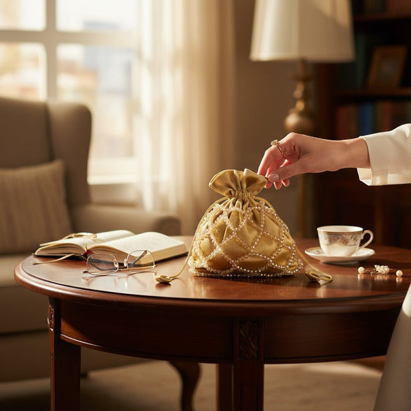 Golden Glow Crystal Potli Bag – Handcrafted Velvet Potli for Women - Prisello